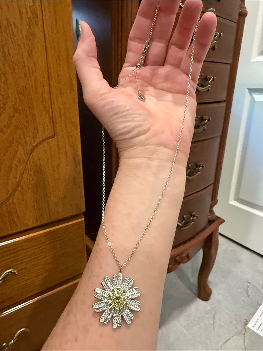 Touchstone Crystal Silver Daisy Pendant Necklace with Gold-Center Crystals